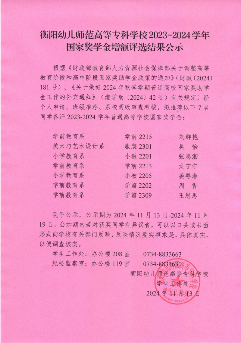 2023-2024學(xué)年普通高等學(xué)校國(guó)家獎(jiǎng)學(xué)金增額評(píng)選結(jié)果公示——衡陽(yáng)幼兒師范高等專(zhuān)科學(xué)校.jpeg